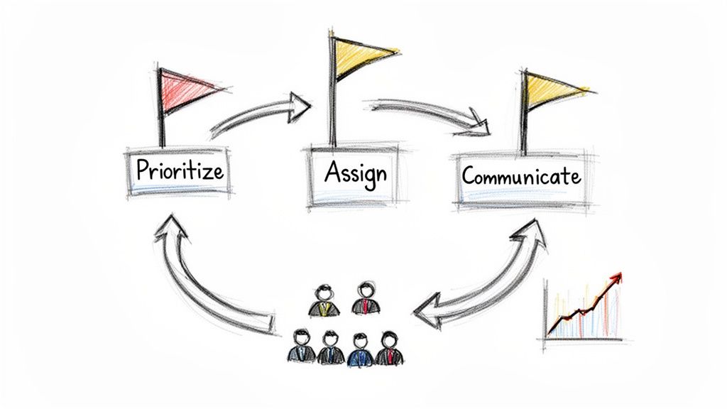 Hand-drawn workflow diagram showing prioritization, assignment, and communication with team members and performance metrics.