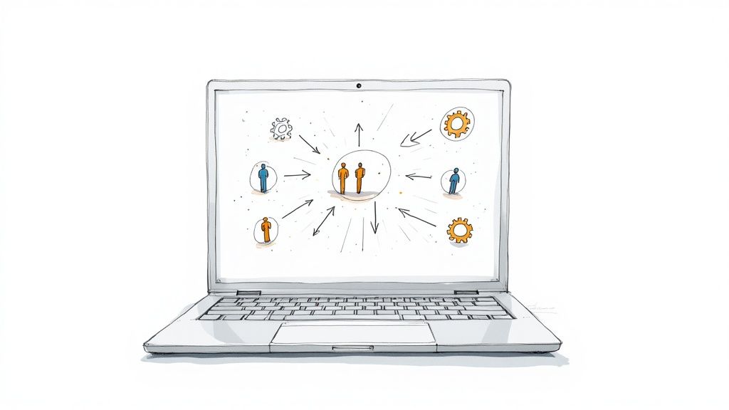 A laptop screen displays a diagram of interconnected people and gears, symbolizing a collaborative network.