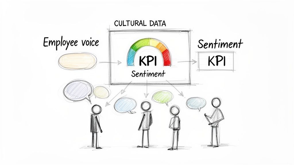 Diagram illustrating employee voice and cultural data leading to sentiment KPI measurement.