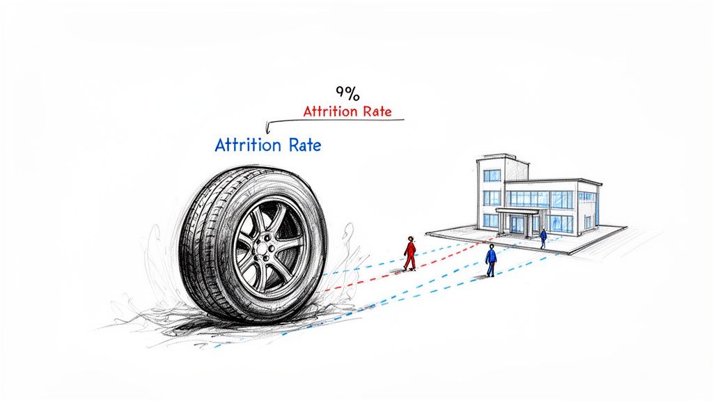 A sketch illustrating a 9% attrition rate, depicting a tire, a building, and departing employees.