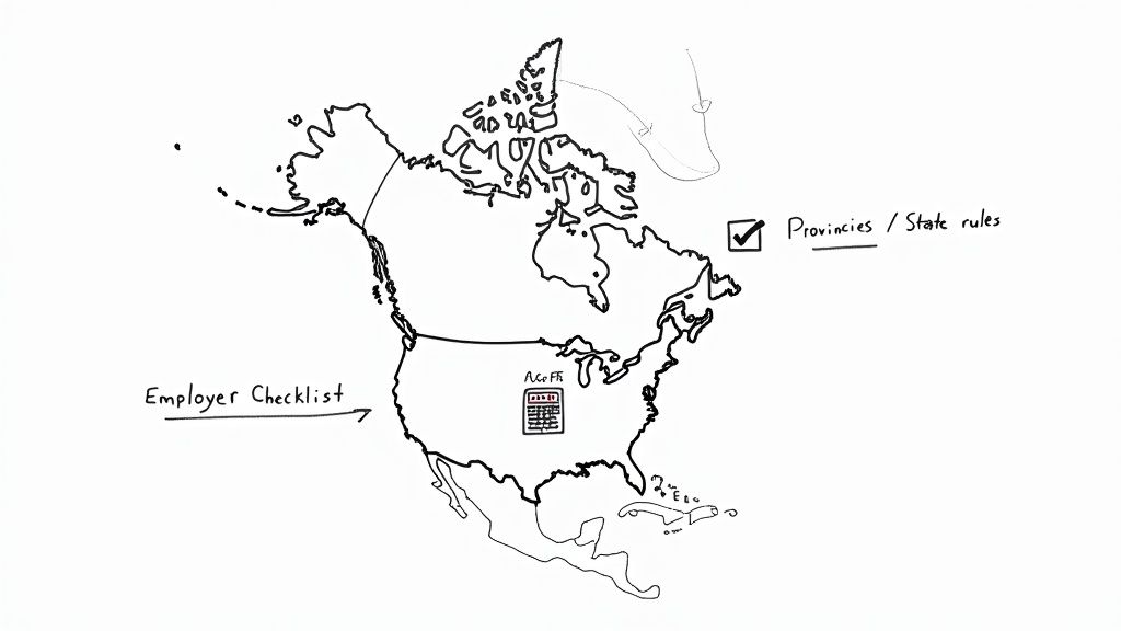 A hand-drawn map of North America showing an employer checklist, a calculator, and provinces/state rules.