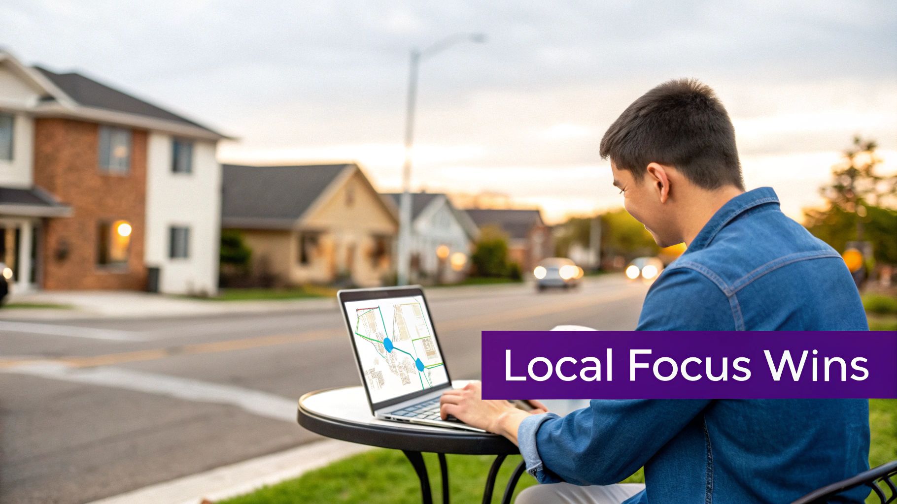 Man using a laptop with a map on screen, sitting at an outdoor table in a residential neighborhood.