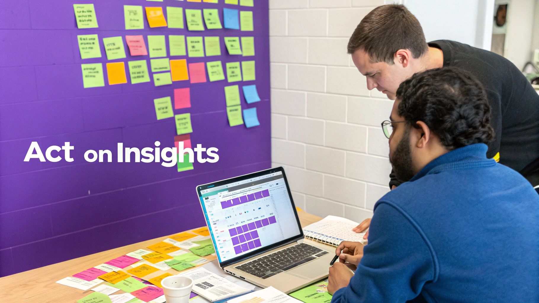 Person looking at a wall of sticky notes with questions