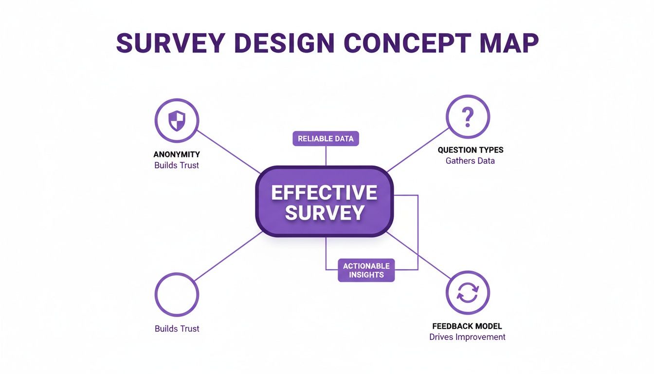 A concept map illustrating the components of an effective survey, including anonymity, question types, and feedback.