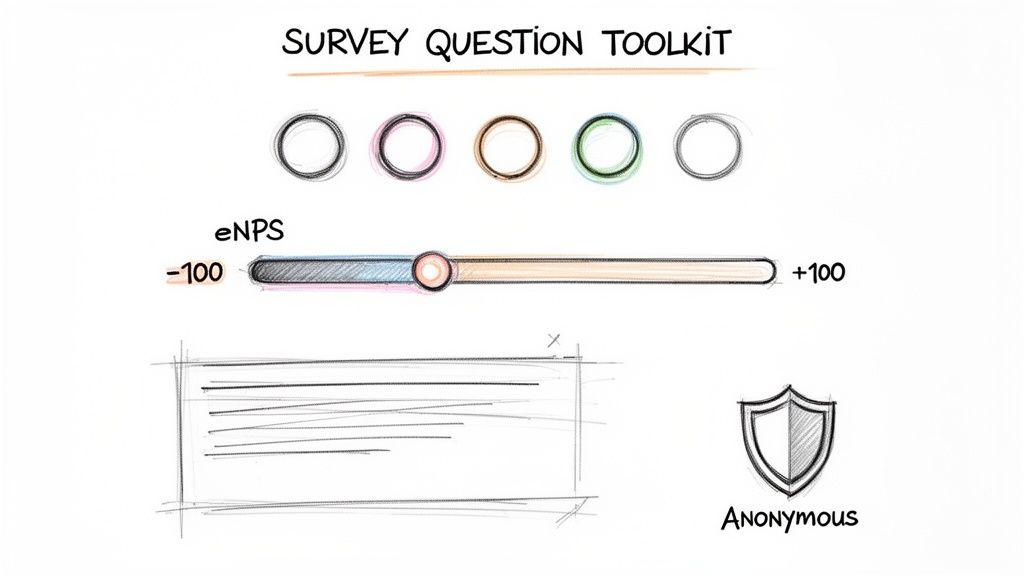 Illustrates a survey question toolkit with eNPS slider, multiple choice options, text input, and anonymous shield.