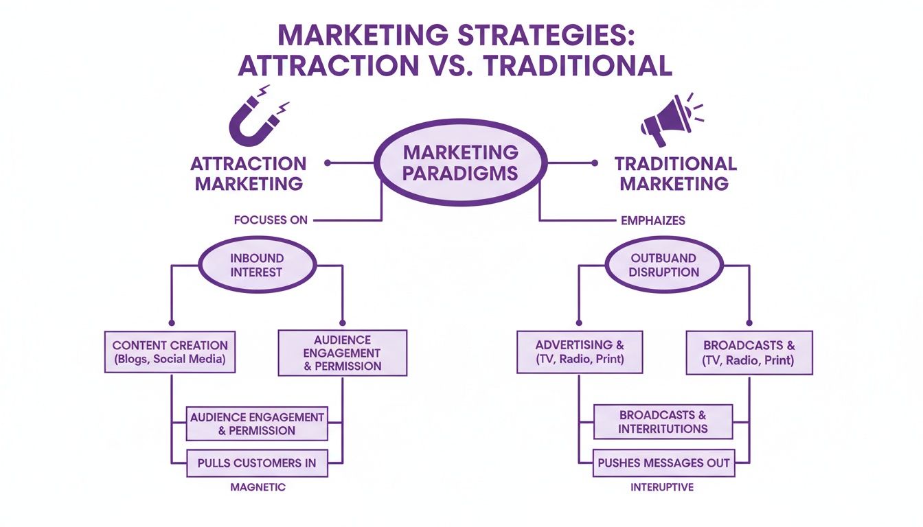 A diagram illustrating the core differences between magnetic attraction marketing and interruptive traditional marketing.