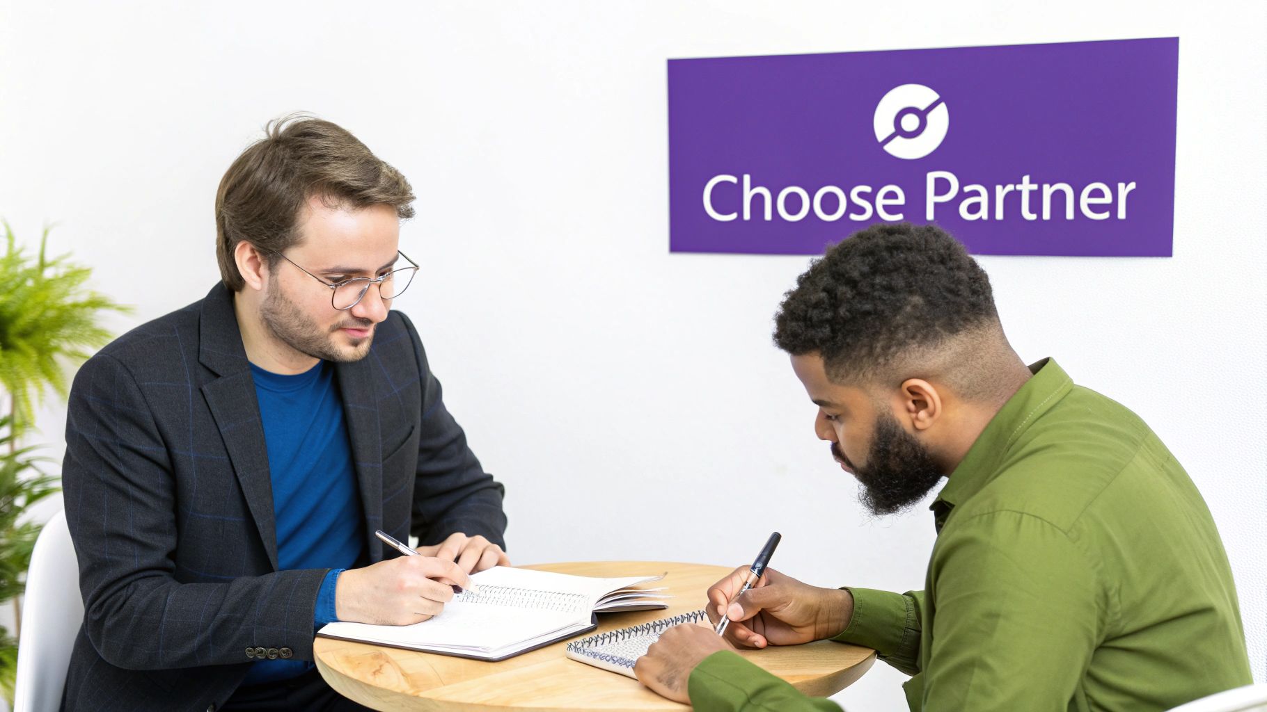 Two men collaborate, writing notes in notebooks during a business meeting.