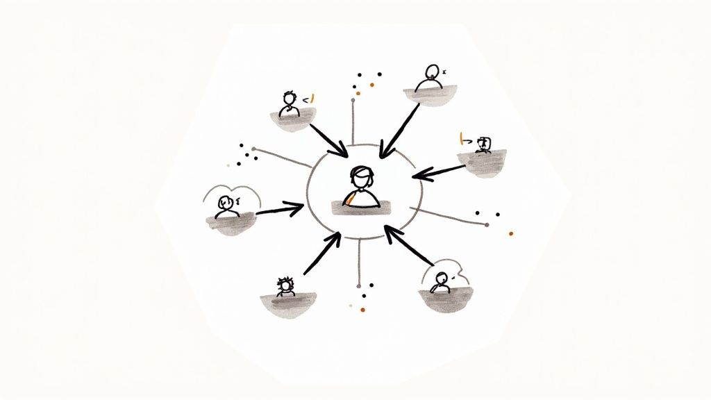 An illustration depicting a central individual receiving feedback and ideas from surrounding team members.