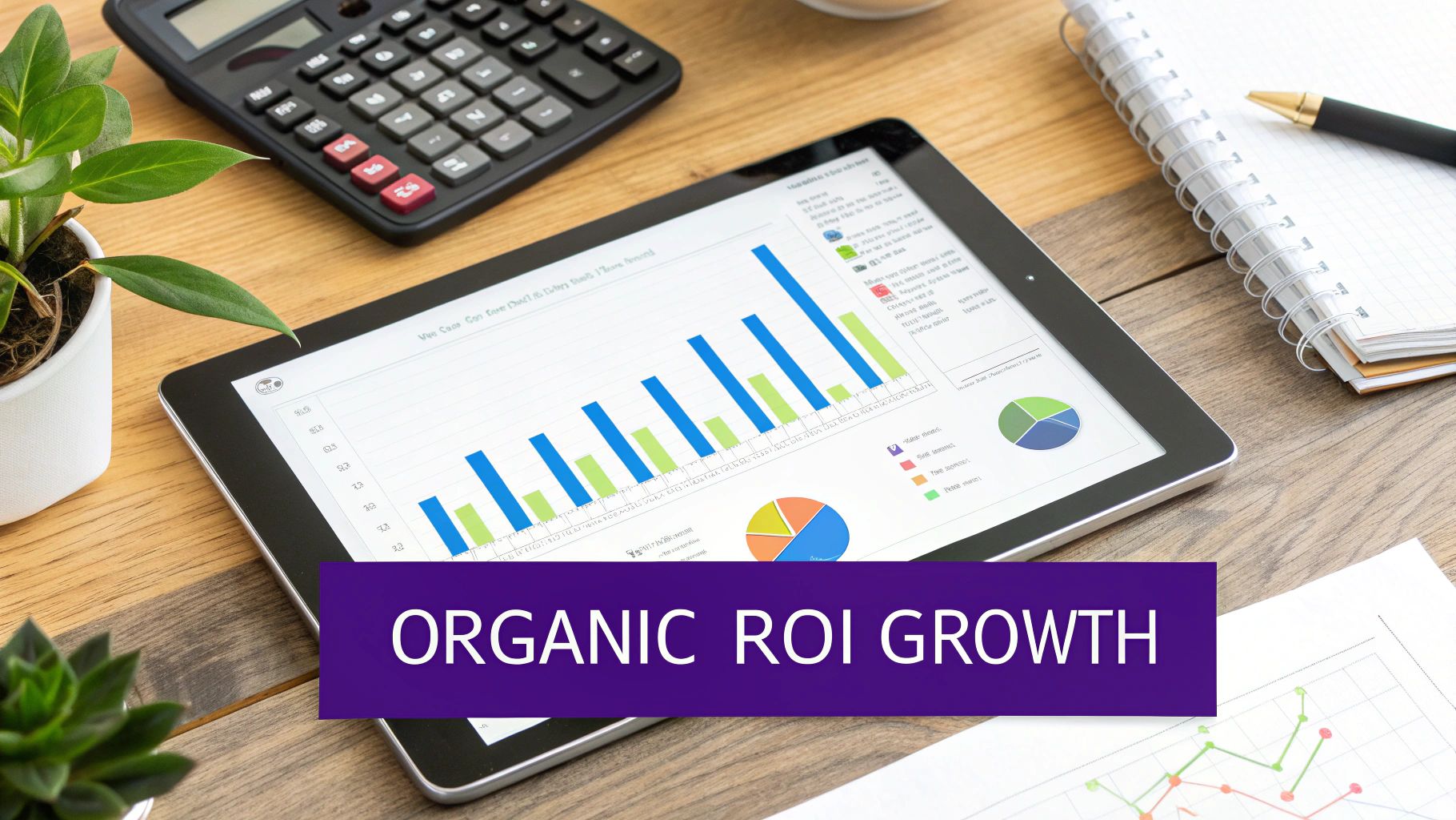 A tablet displaying organic ROI growth charts and data, with a calculator and office supplies on a wooden desk.