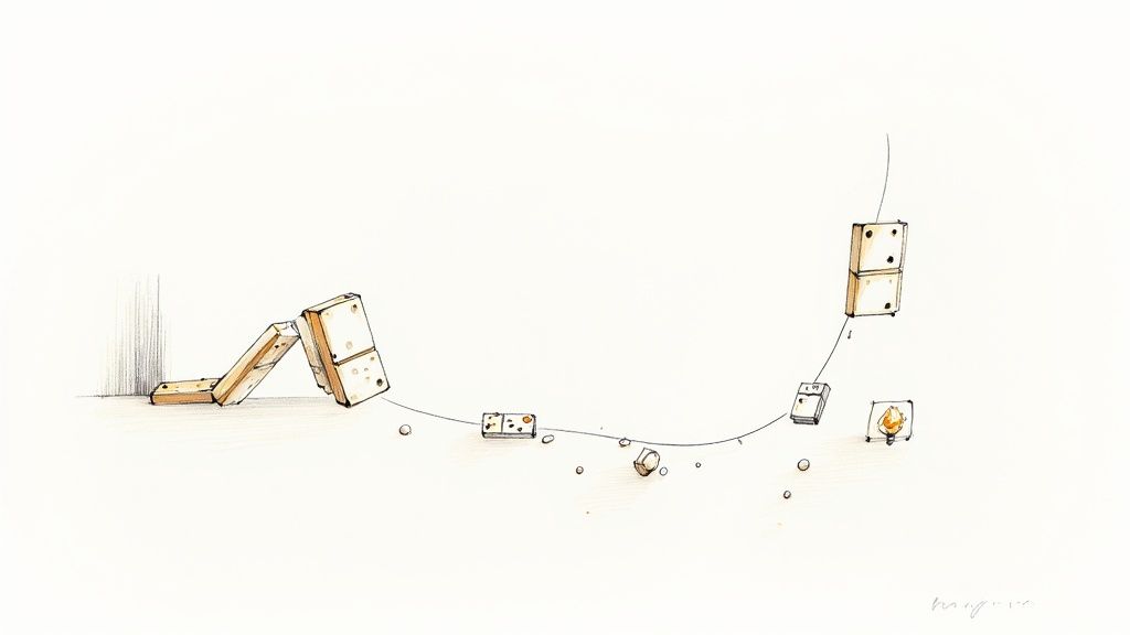 An artistic rendering of dominoes falling and suspended along a curved line, demonstrating cause and effect.