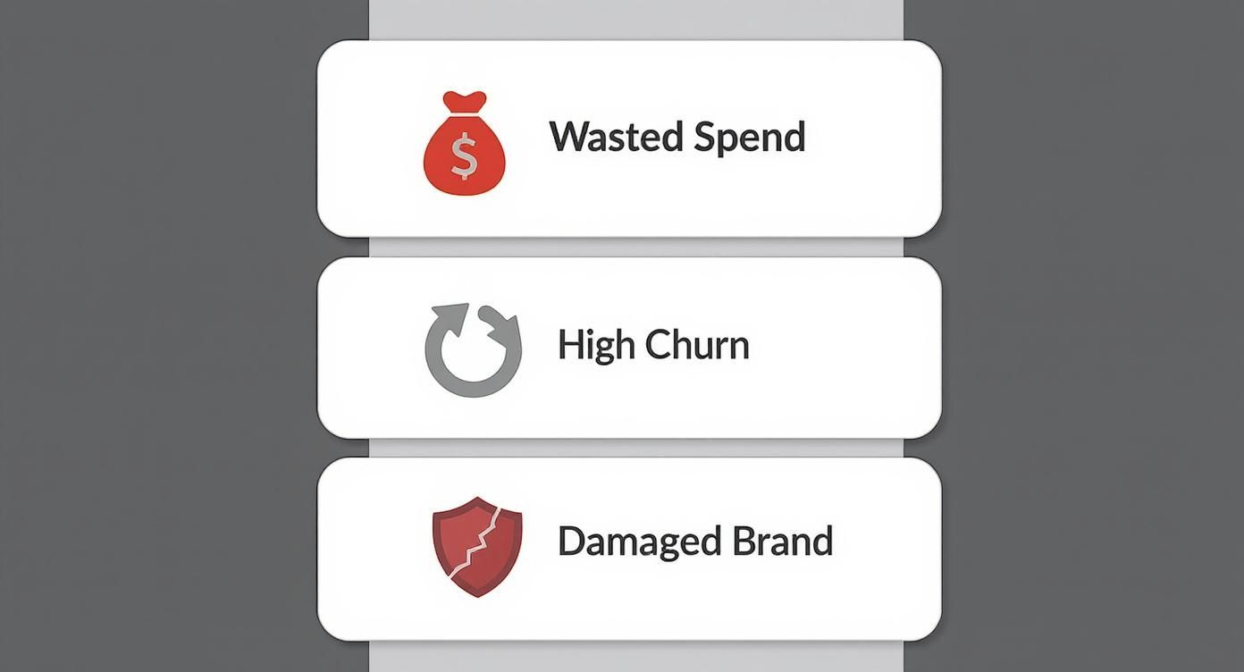 Three white cards illustrate business problems: Wasted Spend, High Churn, and Damaged Brand.