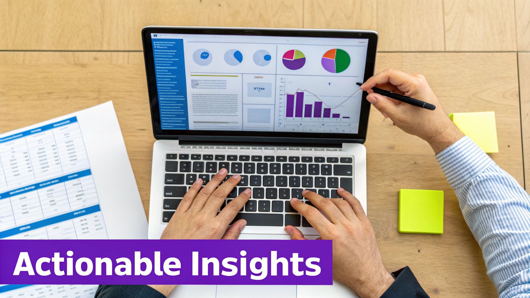Person analyzing business data and charts on a laptop, with hands typing and pointing, on a wooden desk.