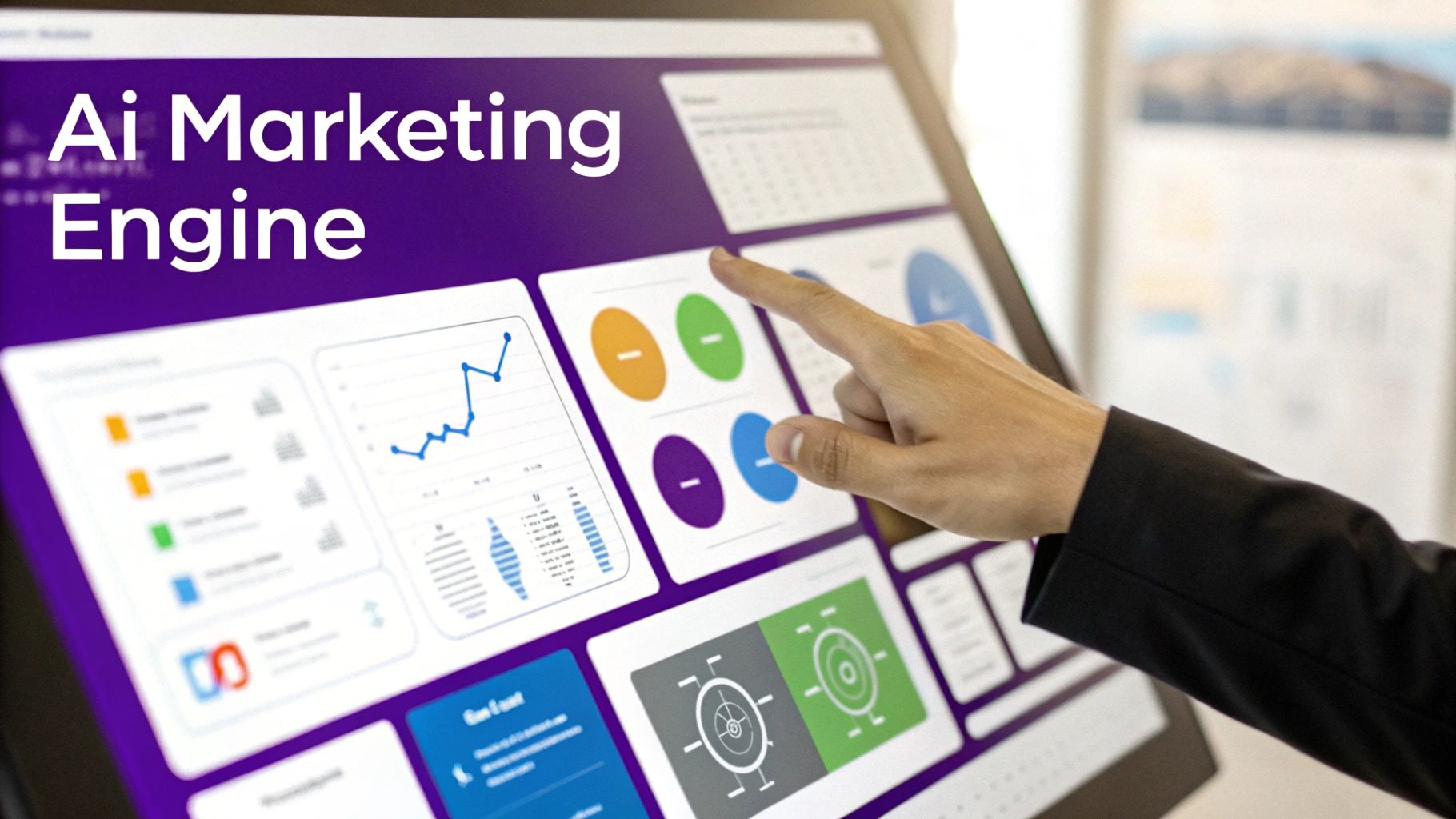 A hand interacts with a large touch screen displaying an 'Ai Marketing Engine' dashboard with various data analytics.