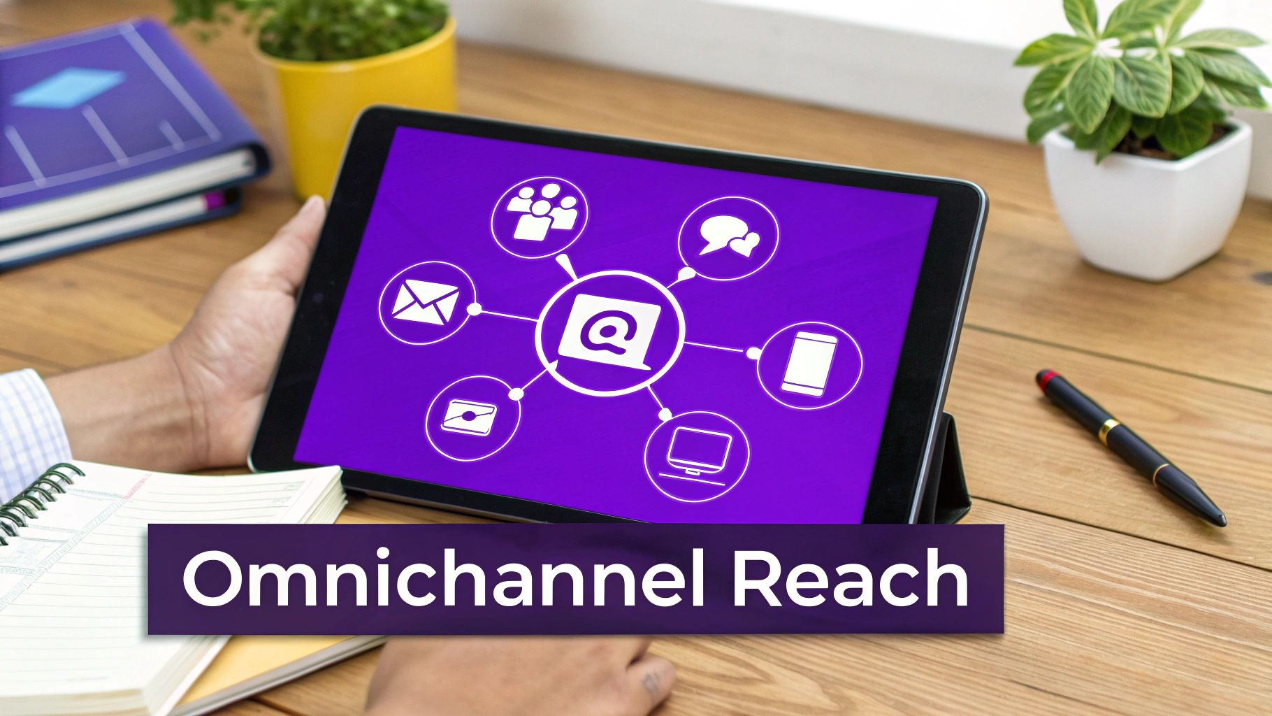 Hands holding a tablet with a diagram illustrating omnichannel marketing across email, social media, chat, mobile, and desktop.