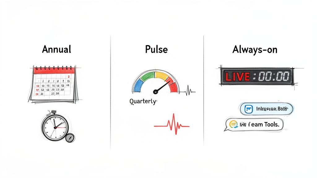 Illustration comparing annual, pulse, and always-on measurement frequencies using calendar, gauge, and live icons.