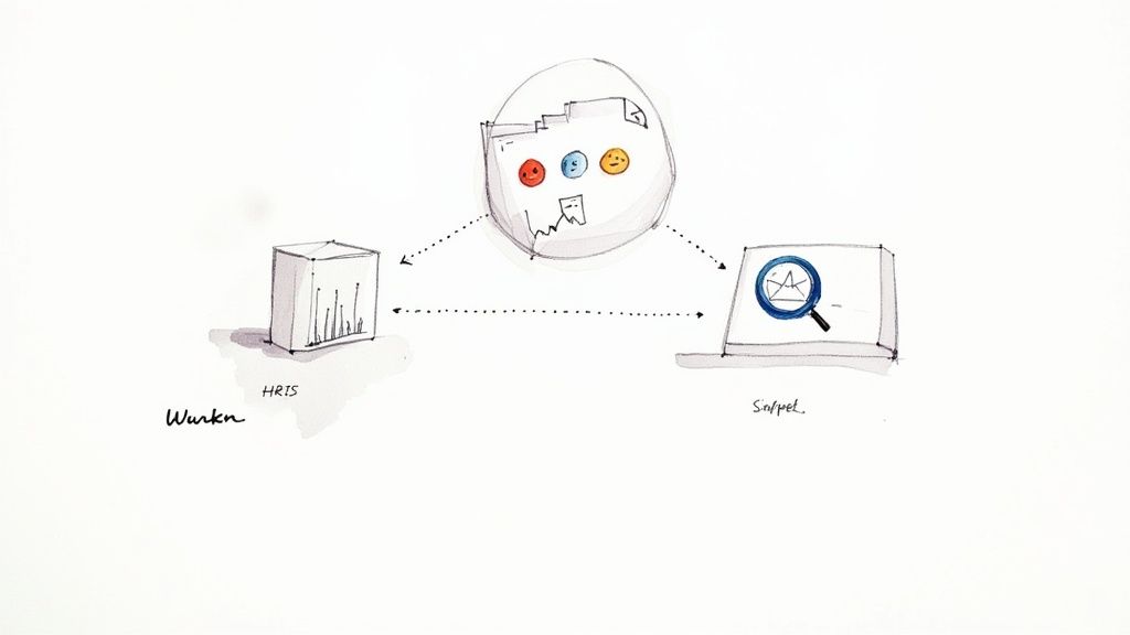 Illustration of an HRIS data integration process with a central system and a laptop for insights.