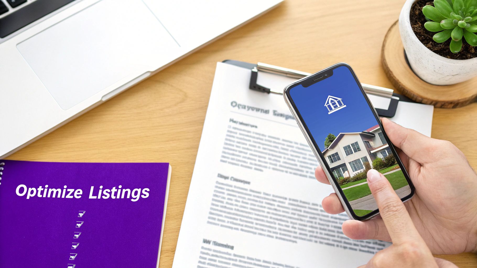 Person using a smartphone to view house listings, with a laptop and 'Optimize Listings' notebook on a desk.