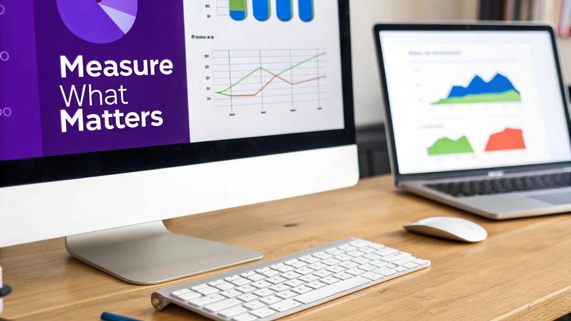 A desktop monitor and laptop display business data charts and "Measure What Matters" text on a wooden desk.