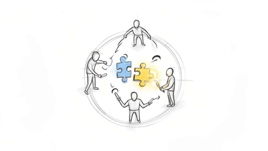 Sketch of five people collaborating around two connected puzzle pieces, symbolizing teamwork and solutions.