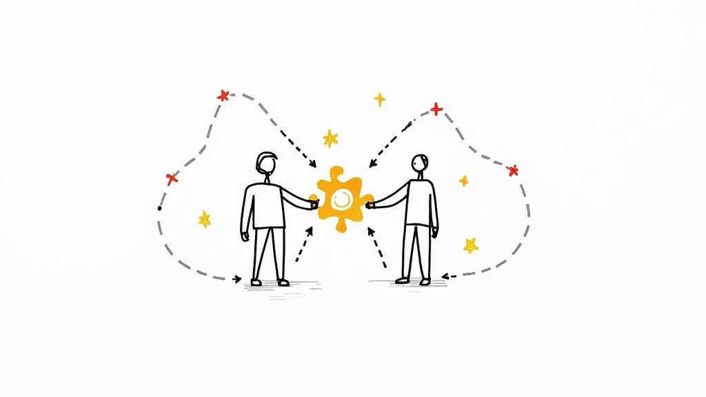 Two stick figures connect a glowing puzzle piece, surrounded by a dotted path with stars and crosses, symbolizing teamwork.