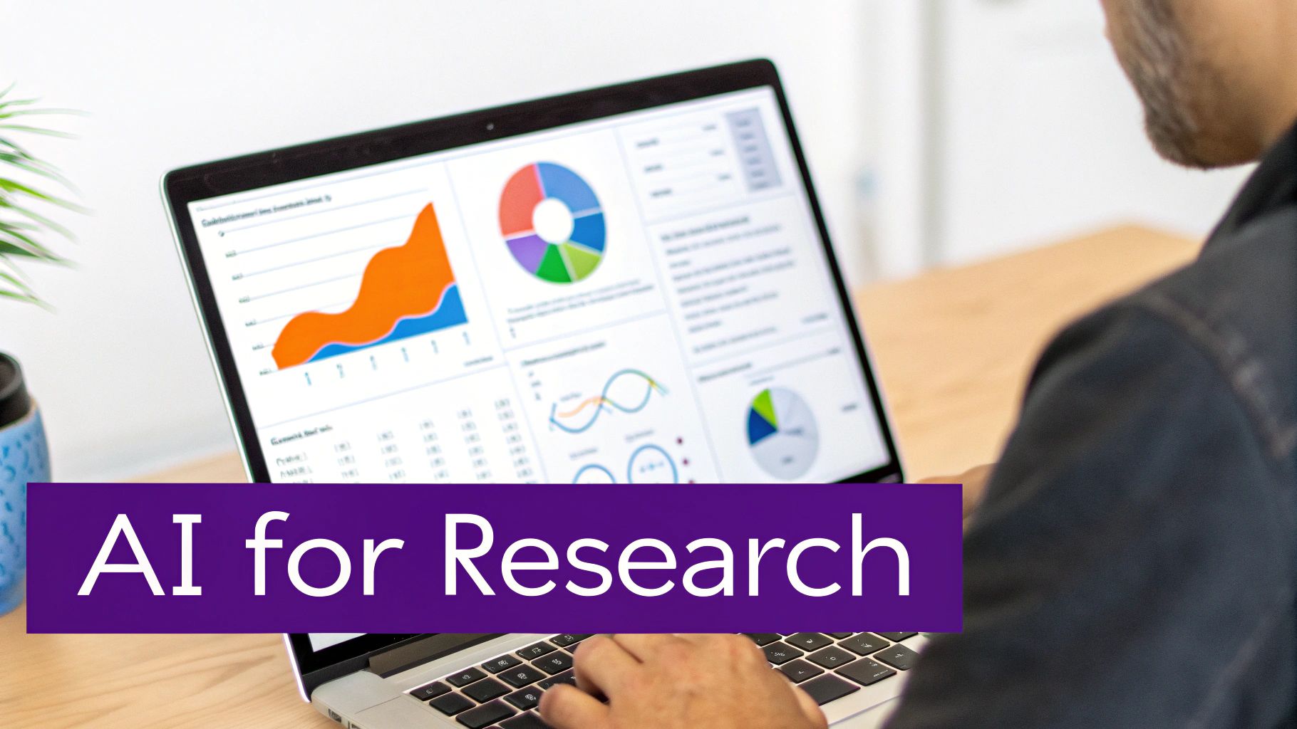 A person types on a laptop displaying various data charts and graphs, with 'AI for Research' text overlay.