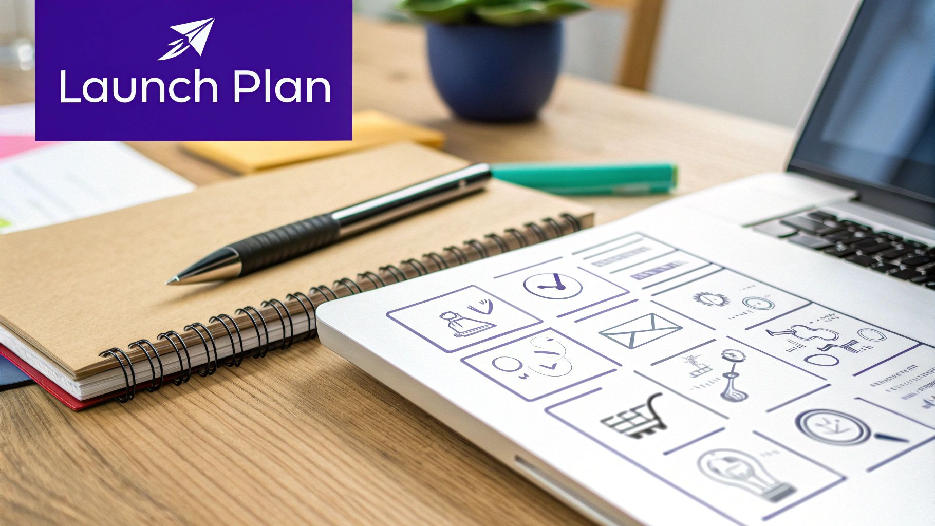 A desk with a laptop showing app icons, a notebook, pen, and a 'Launch Plan' banner.