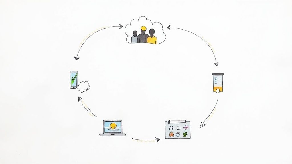 A circular diagram illustrating a process cycle with people, data, planning, and mobile technology.