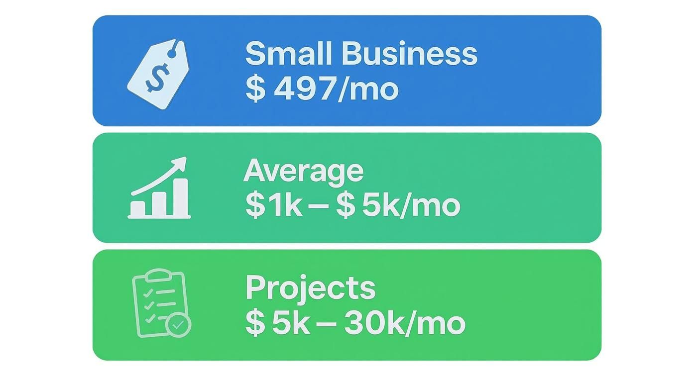 Three tier pricing chart showing small business, average, and project-based SEO service costs per month
