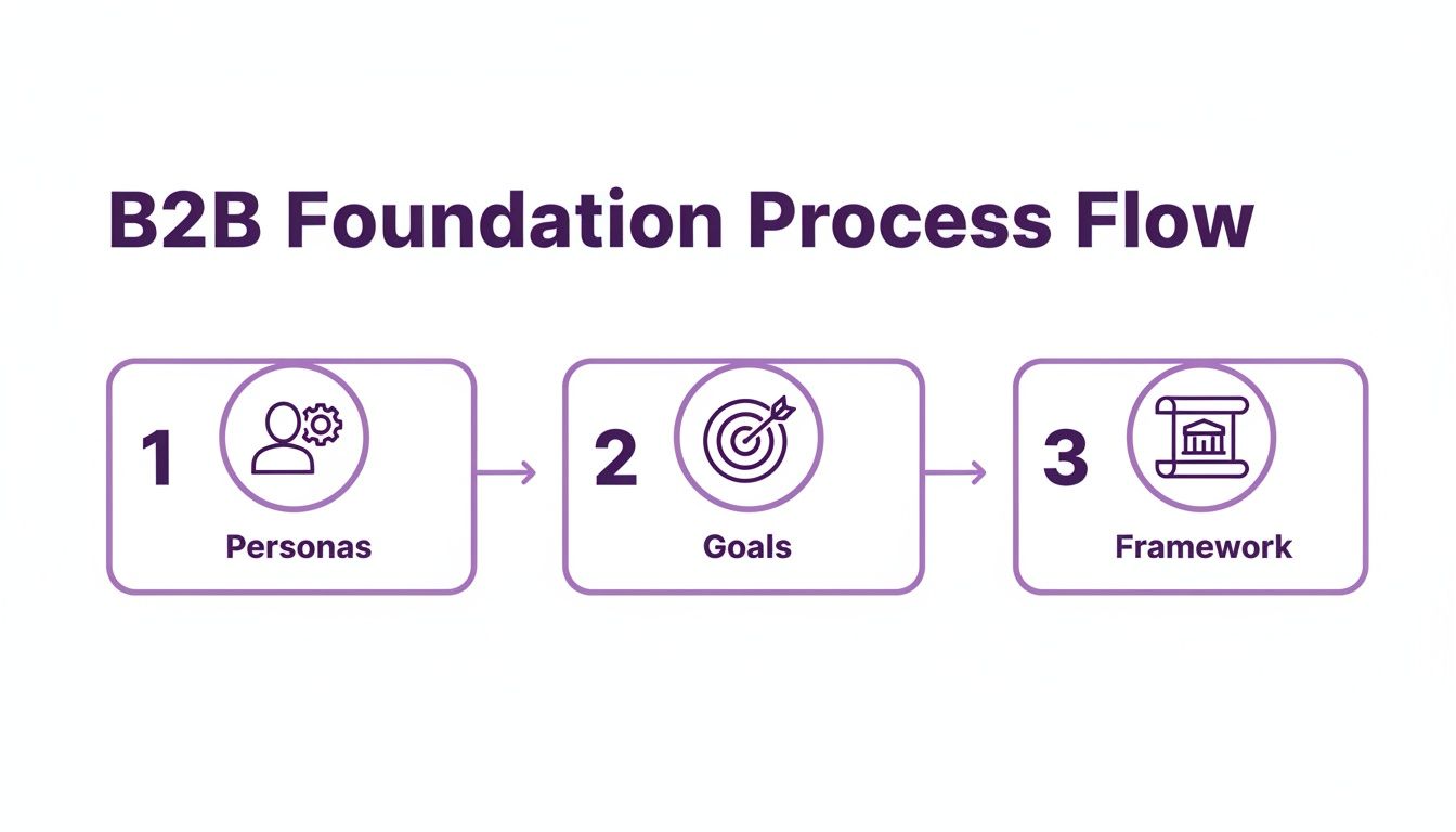 A B2B foundation process flow diagram showing three key steps: Personas, Goals, and Framework.