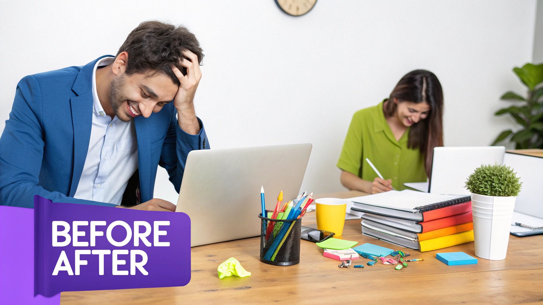 A man and a woman working happily in an office with laptops and supplies on a wooden desk.