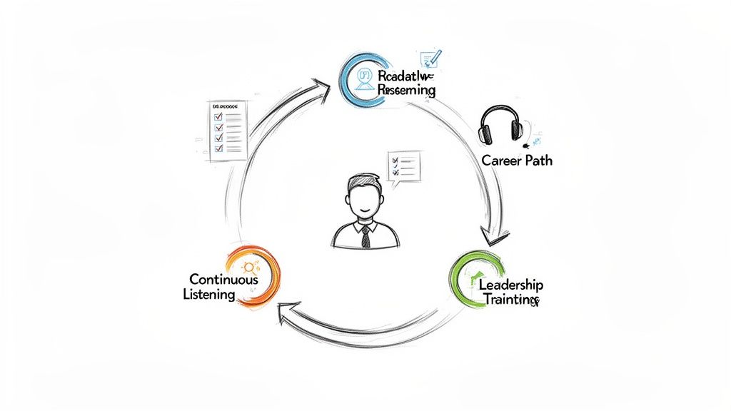 Diagram showing a cycle of employee development, including assessment, career path, leadership training, and continuous listening.