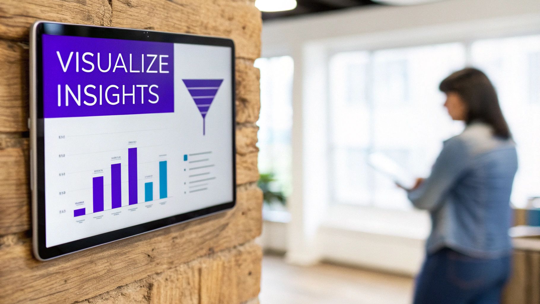 A tablet on a wooden wall displays 'VISUALIZE INSIGHTS' with charts and a funnel icon.