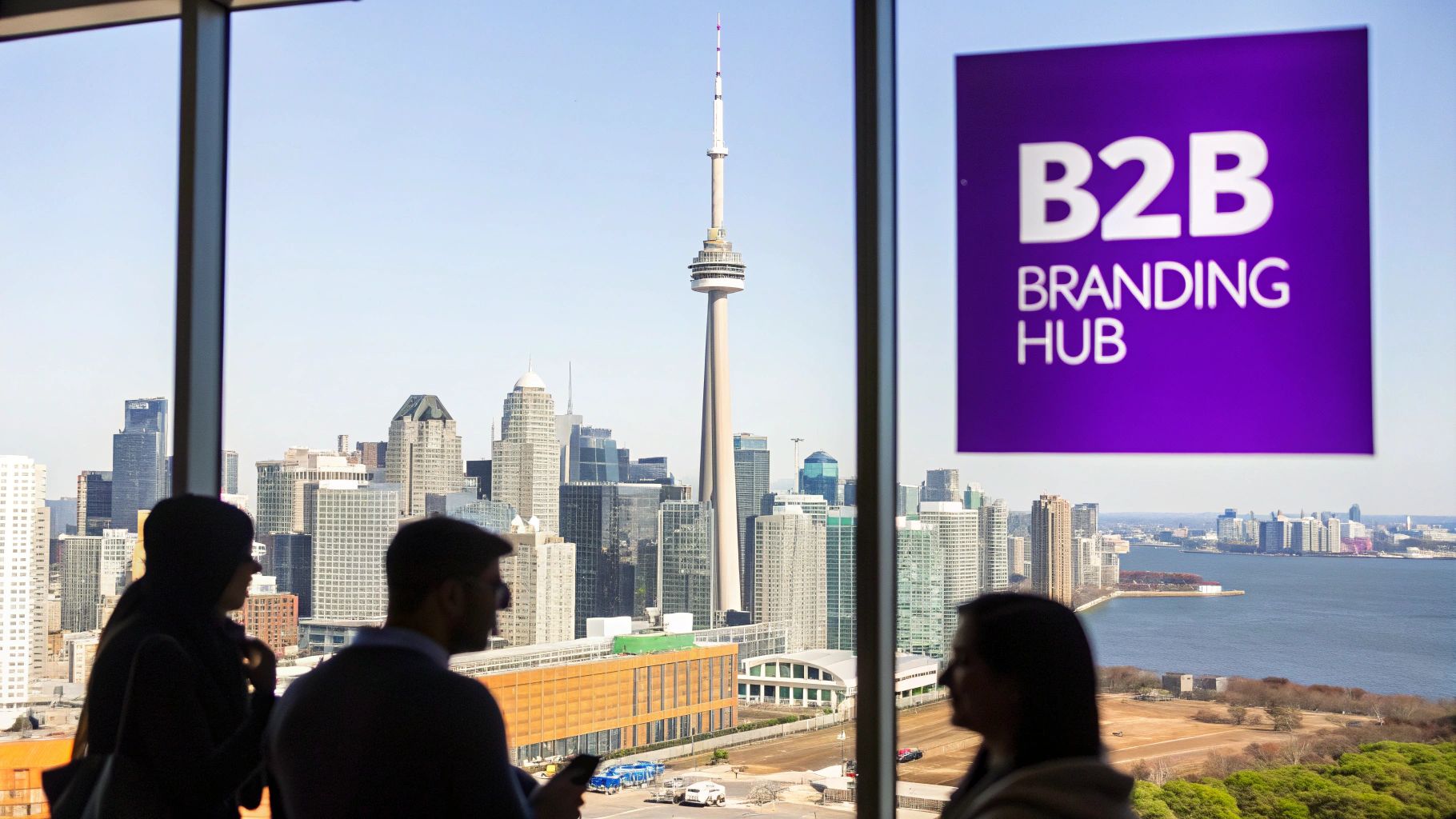 View of Toronto skyline with CN Tower, people looking out, and a 'B2B Branding Hub' sign.