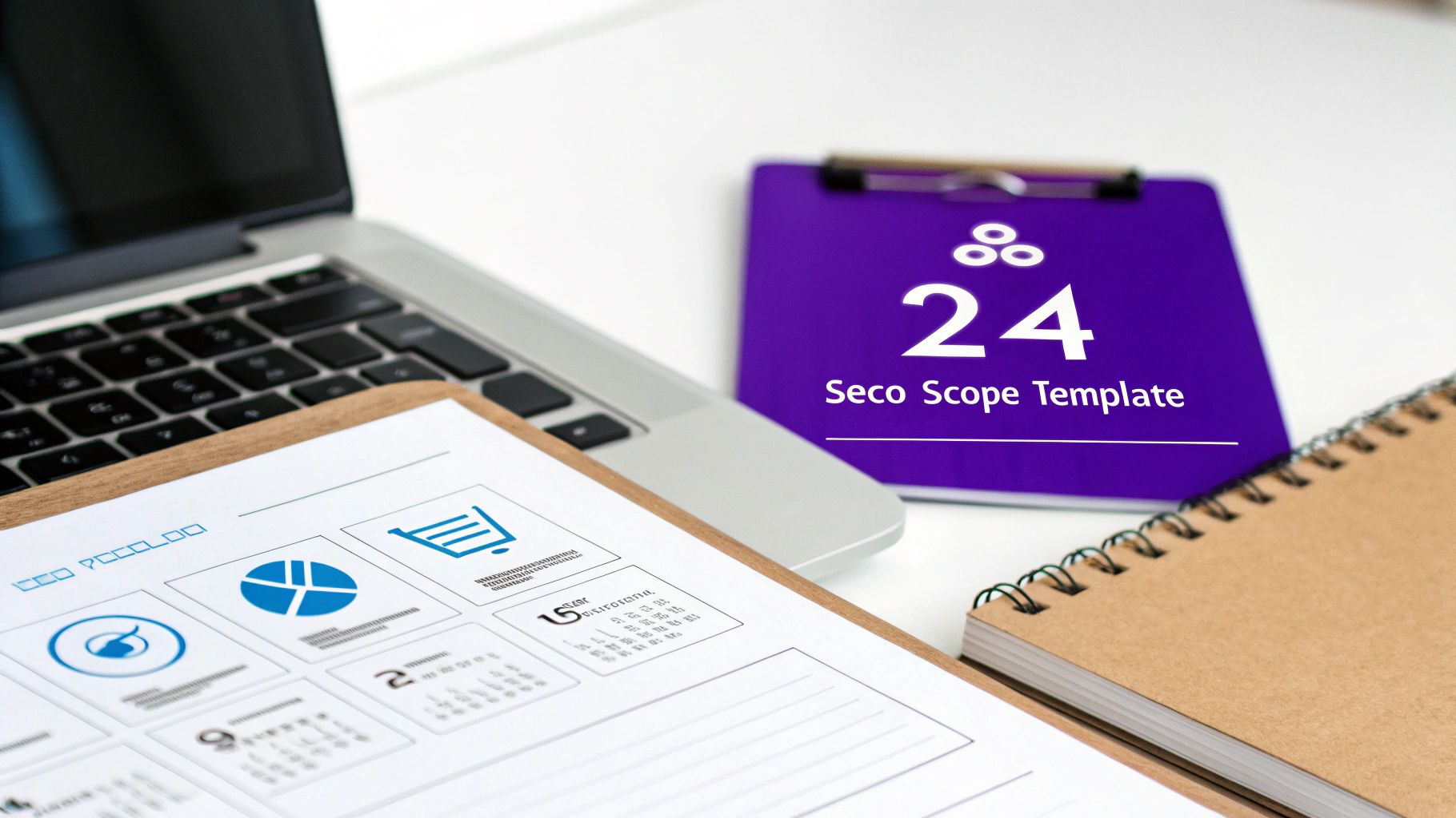 Office desk setup with a laptop, a document on a clipboard, and a purple 'Seco Scope Template'.