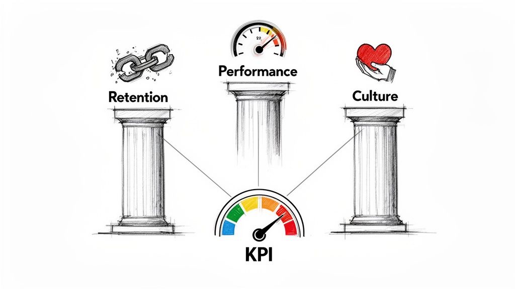 Three pillars of Retention, Performance, and Culture supporting a central KPI gauge.