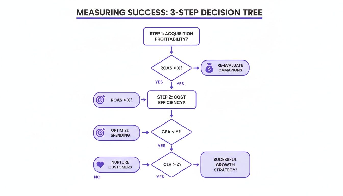 Decision tree flowchart illustrating a 3-step strategy for measuring marketing success and growth.