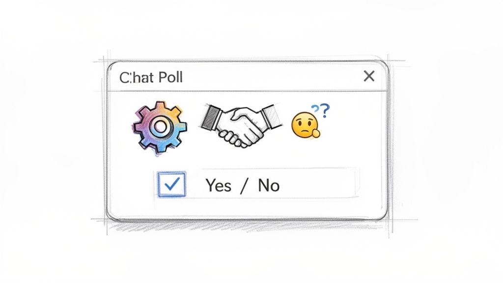 A sketch of a chat poll window with settings, handshake, and confused emoji icons, and a 'Yes / No' option.