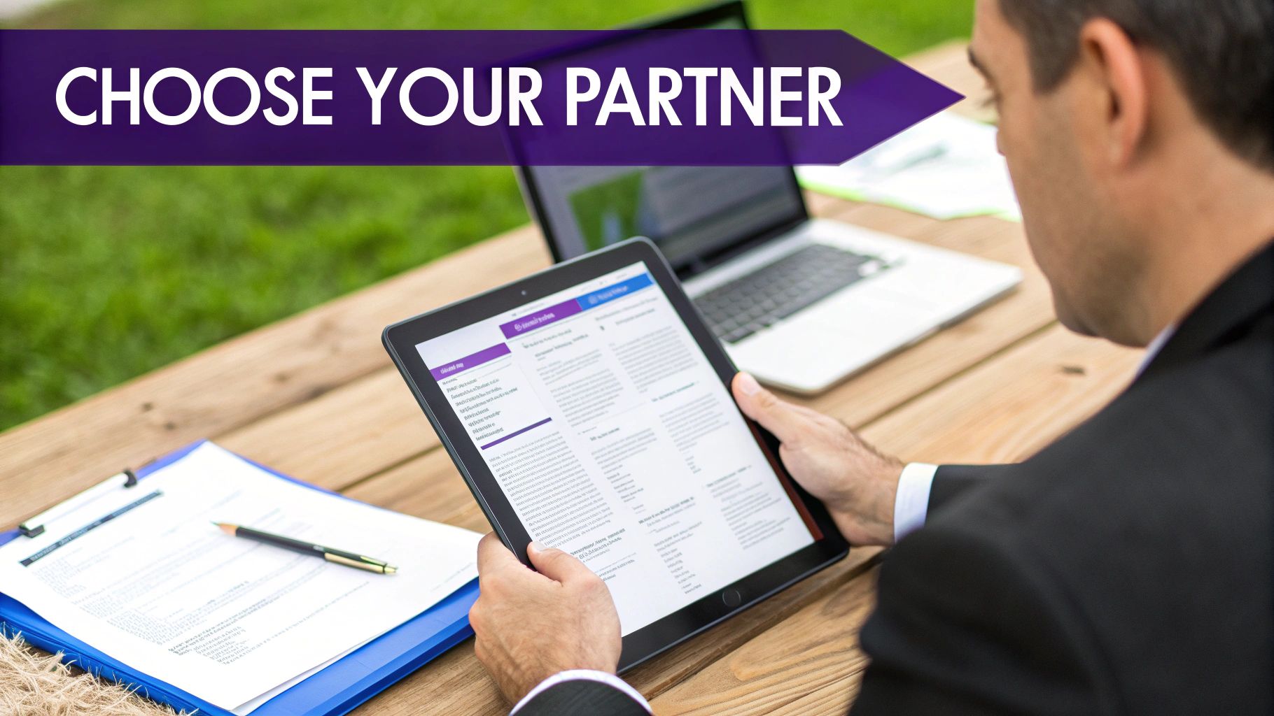 A man in a suit uses a tablet at a wooden table, with a laptop, under a banner saying 'CHOOSE YOUR PARTNER'.