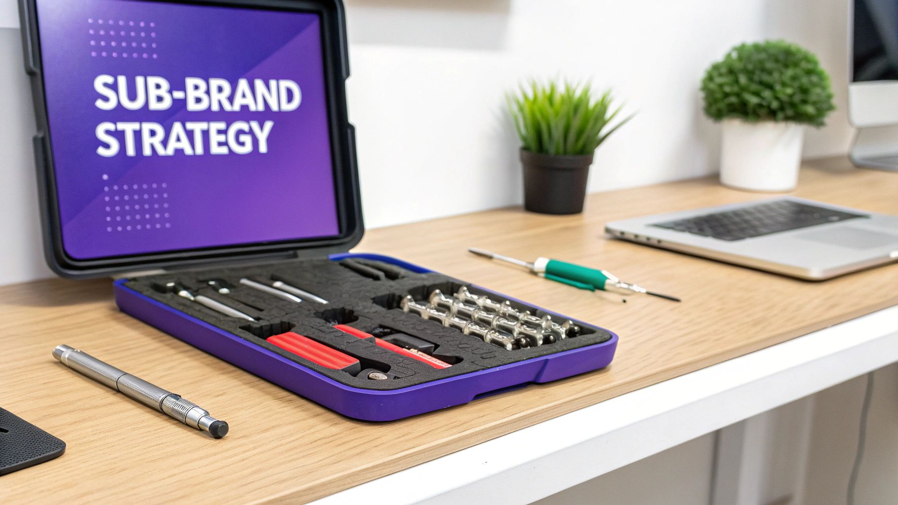 An open toolkit with precision screwdrivers and a stylus on a wooden desk, next to a screen displaying 'SUB-BRAND STRATEGY'.