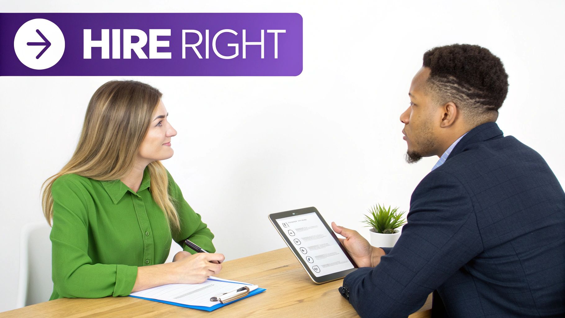 Two professionals, a woman and a man, conducting an interview or meeting with notes and a tablet, under a 'HIRE RIGHT' sign.