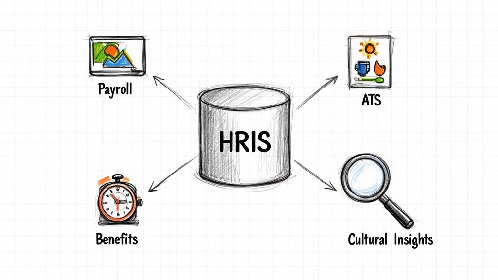 Diagram showing a central HRIS system connected to payroll, ATS, benefits, and cultural insights.