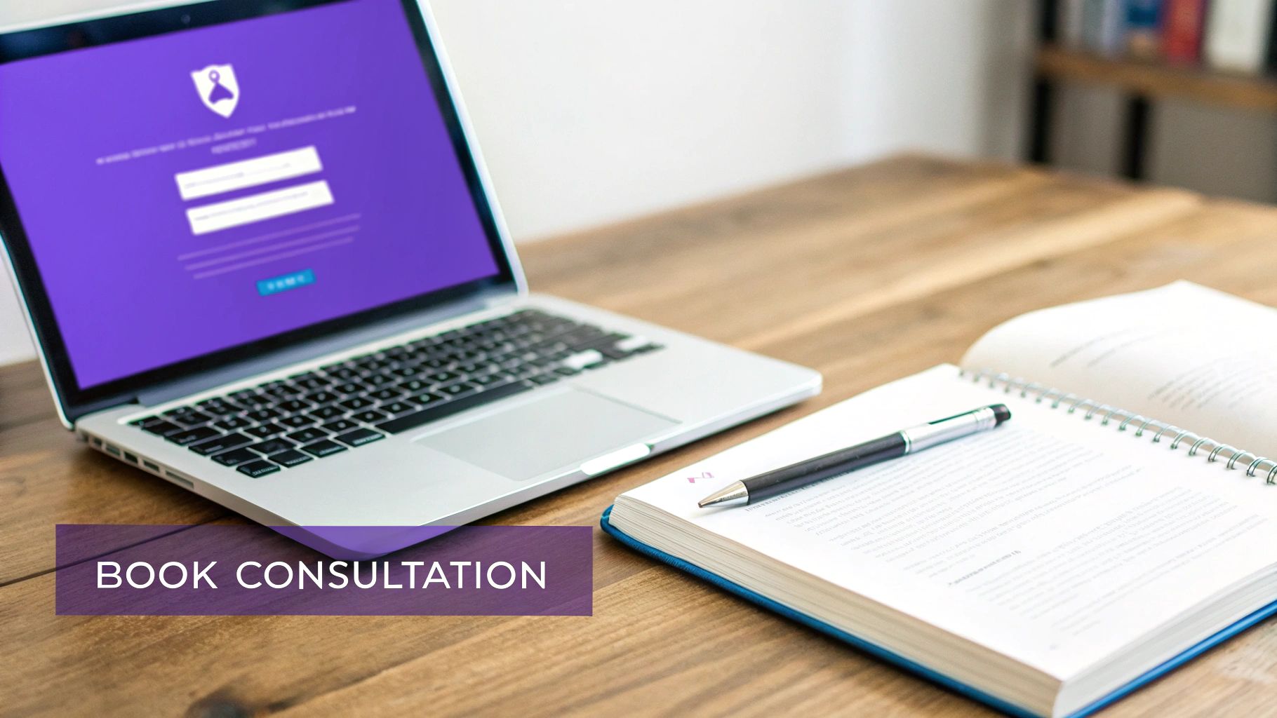 A laptop showing a login screen, an open notebook with a pen, and a 'BOOK CONSULTATION' banner.