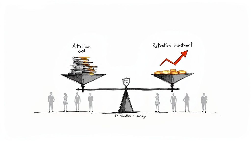 A balance scale illustrating attrition cost balanced by retention investment and savings.
