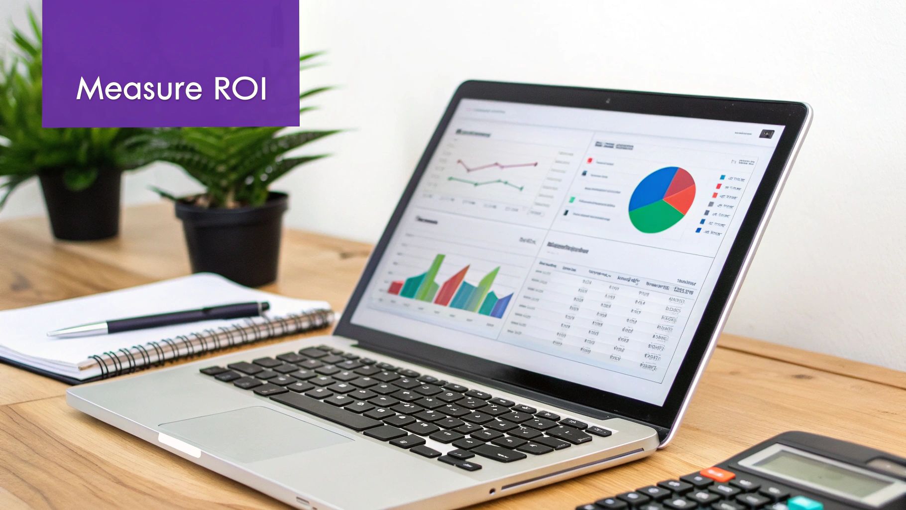A laptop screen shows business analytics and a pie chart, with 'Measure ROI' overlay.