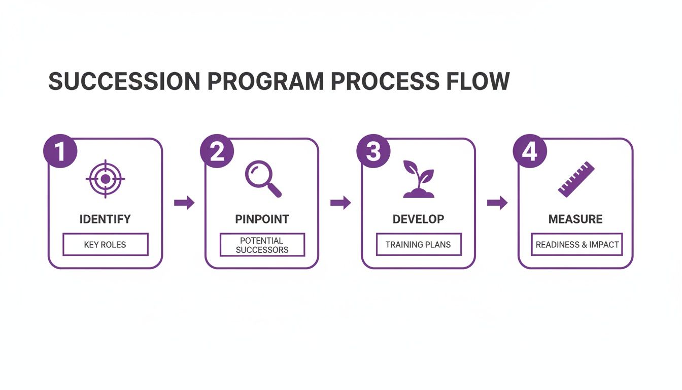 A four-step succession program process flow for identifying, pinpointing, developing, and measuring.