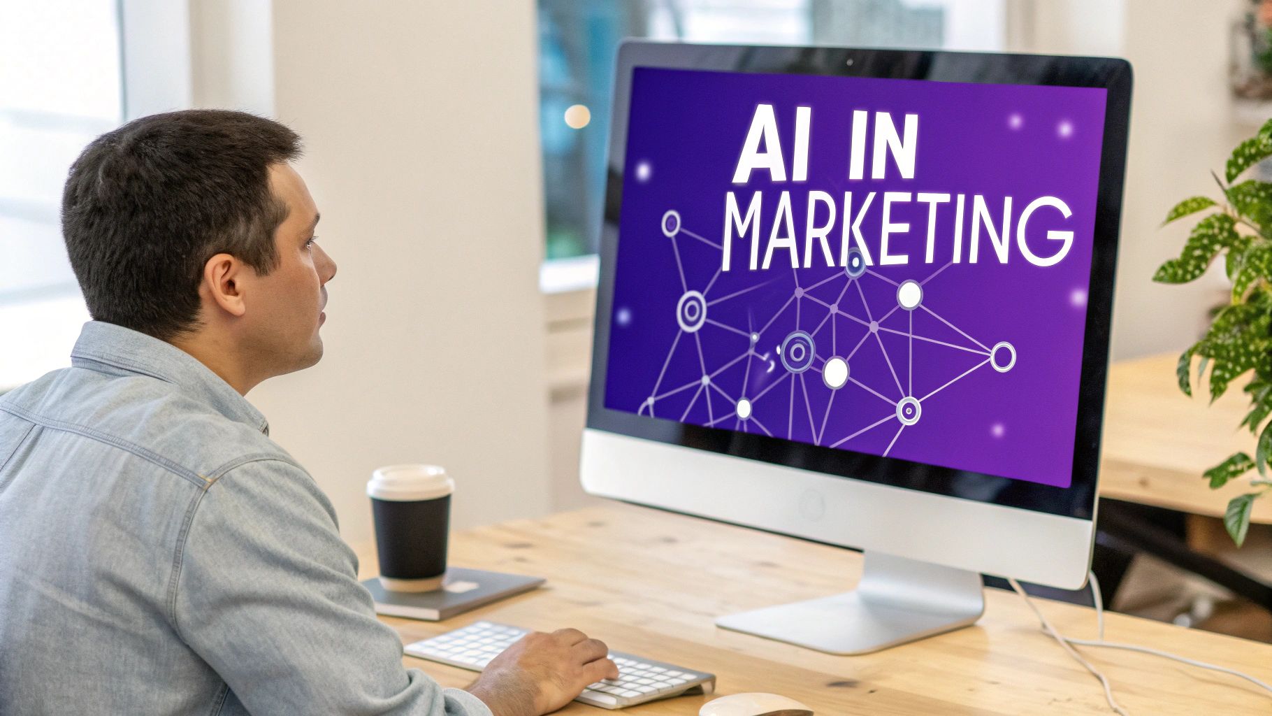 A man in a denim shirt sits at a desk, looking at a computer monitor displaying 'AI IN MARKETING'.