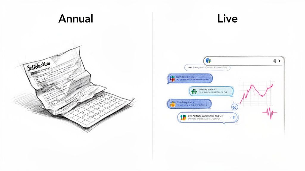 Comparison of annual paper satisfaction surveys with a calendar versus live digital feedback in chat and real-time graphs.