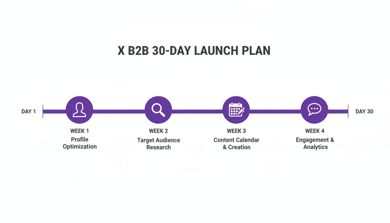 Timeline outlining a 30-day B2B launch plan with four key weekly marketing phases.