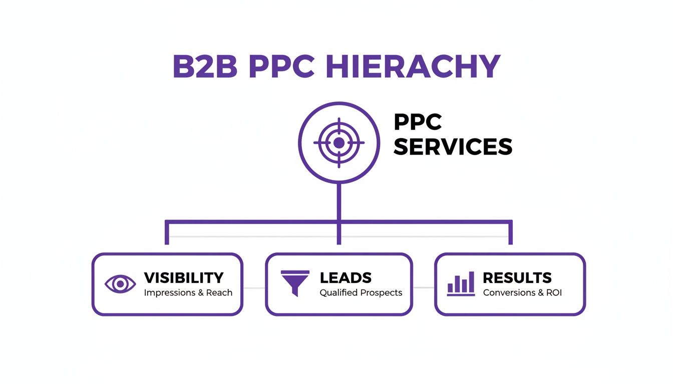 Hierarchy diagram illustrating B2B PPC services, categorizing them into visibility, leads, and results.