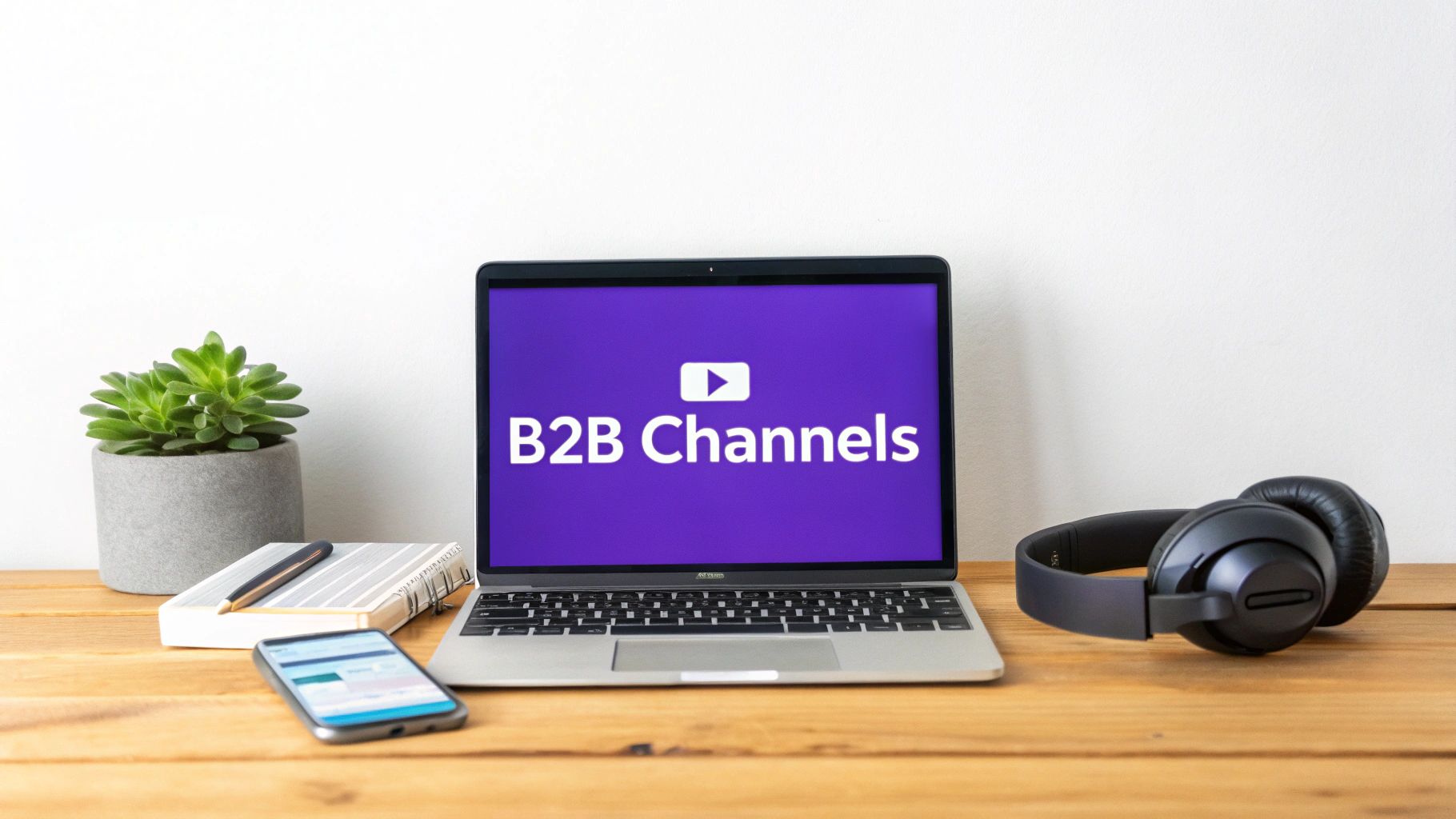 A laptop displaying "B2B Channels" on a wooden desk with a plant, notebook, phone, and headphones.